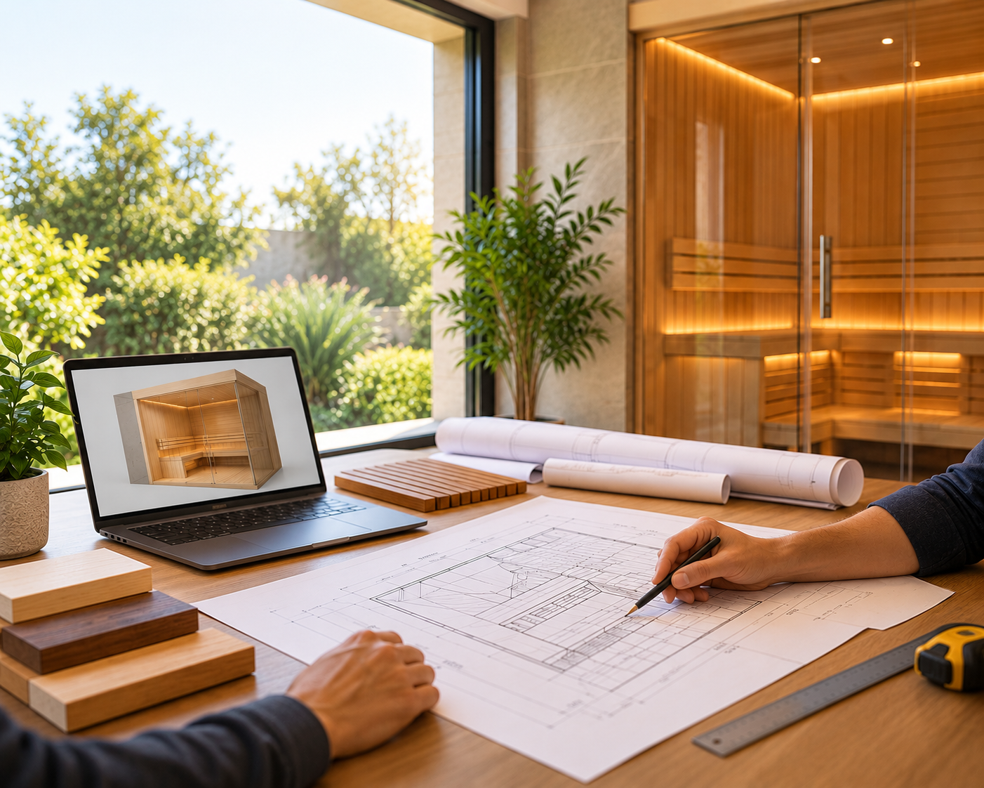 Designer sketching a sauna floor plan beside timber samples